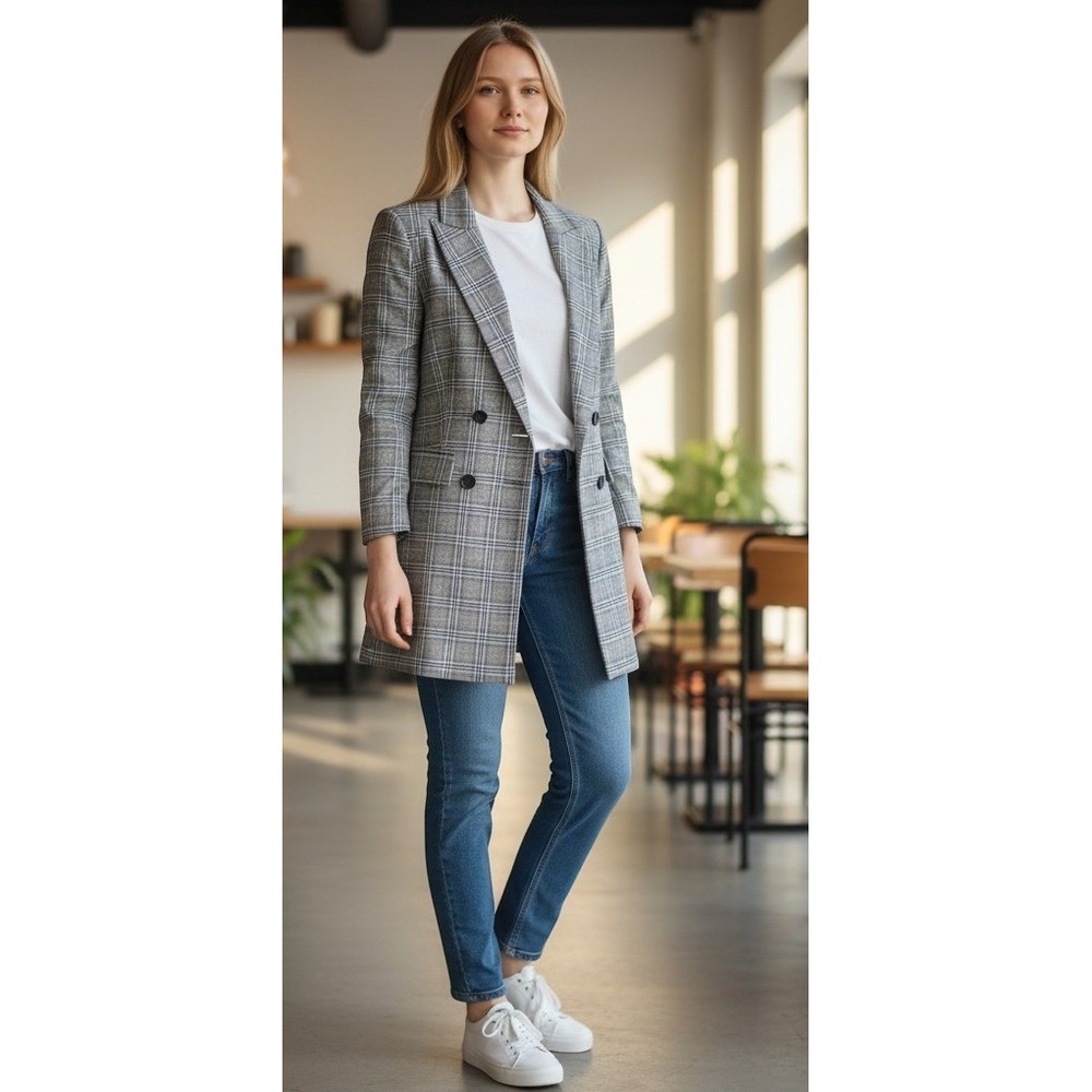 Tommy Hilfiger Blazer Size 12 Women Gray Plaid Lined  Long Double‎ Breasted